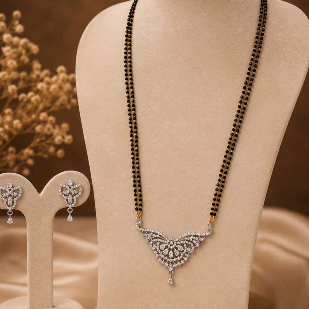 Silver Plated Double Line Black Beads AD Mangalsutra Set (Art No. 327) - Image 2
