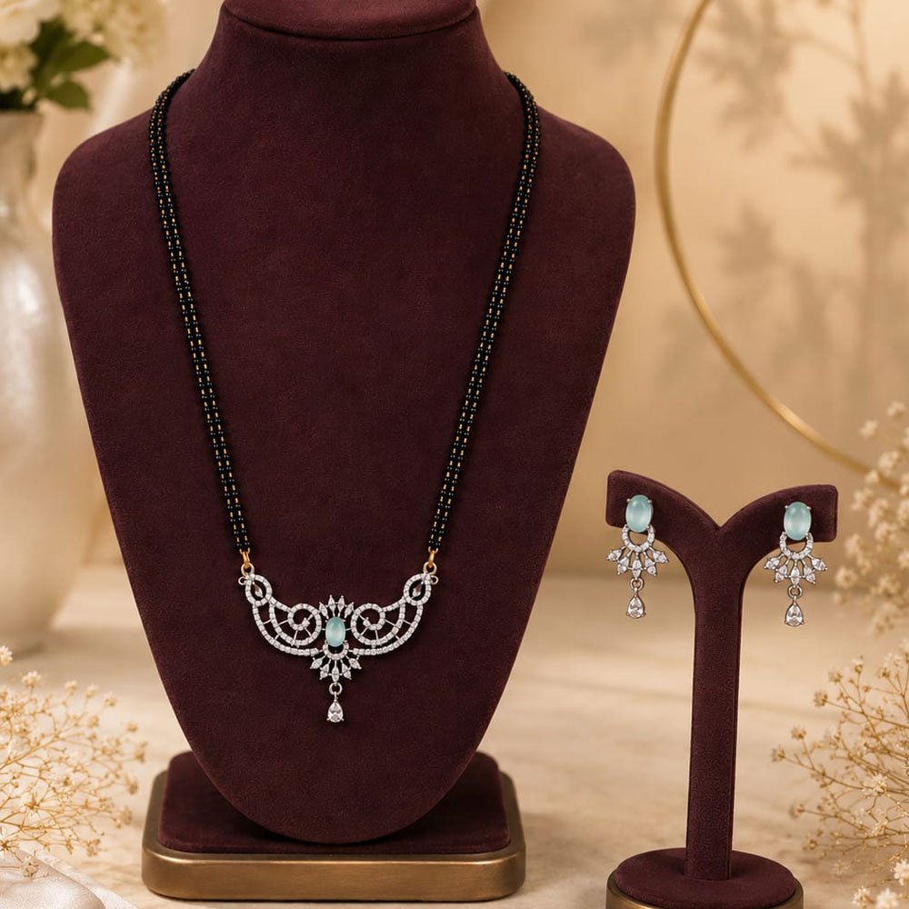 Silver Plated Floral AD Mangalsutra Set With Earrings (Art No. 328) - Image 2