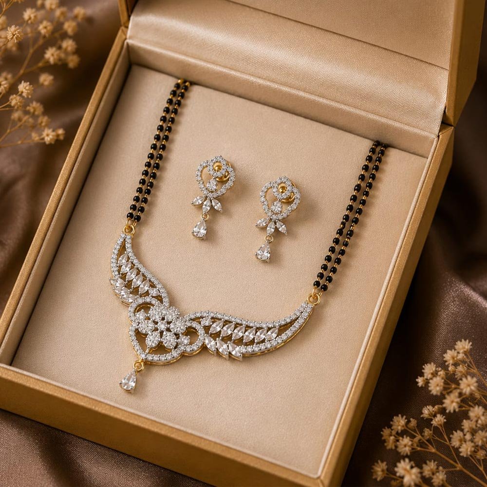 Silver Plated Floral AD Stone Mangalsutra Set with Earrings (Art No.368) - Image 2