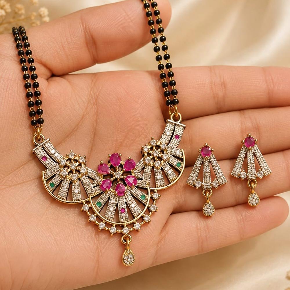 Gold Plated Purple Floral Mangalsutra Set with Earrings (Art No.377) - Image 2