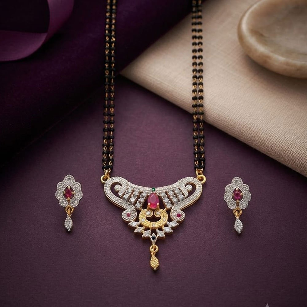Gold Plated Pink Stone Mangalsutra Set with Earrings (Art No.382) - Image 2