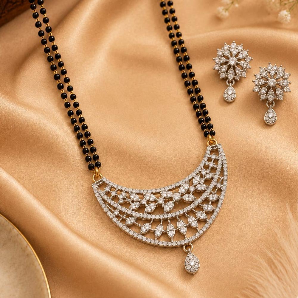 Silver Plated AD Stone Floral Mangalsutra Set With Earrings (Art No.383) - Image 2