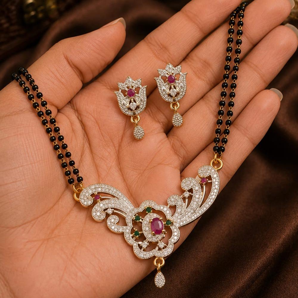 Silver Plated Purple Stone Floral Mangalsutra With Earrings (Art No.384) - Image 3