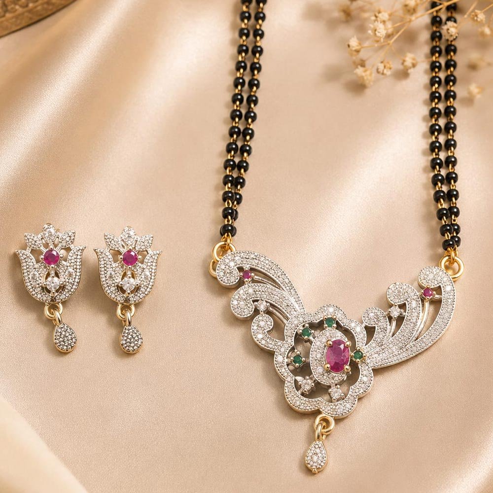 Silver Plated Purple Stone Floral Mangalsutra With Earrings (Art No.384)