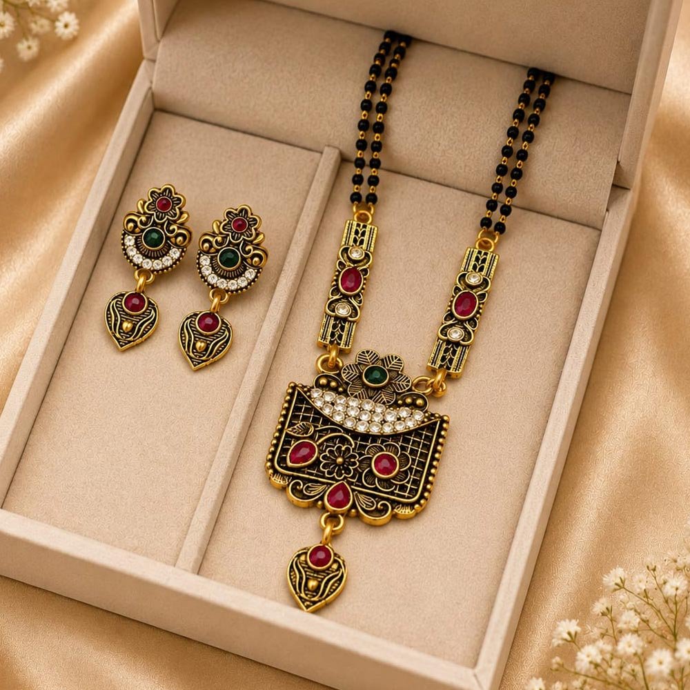 Gold Plated Traditional Black Beaded Mangalsutra Earrings Set (Art No. 335)