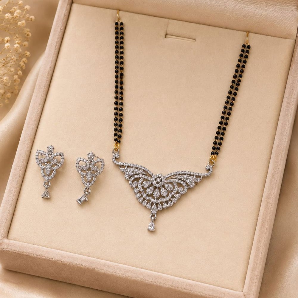 Silver Plated Double Line Black Beads AD Mangalsutra Set (Art No. 327)
