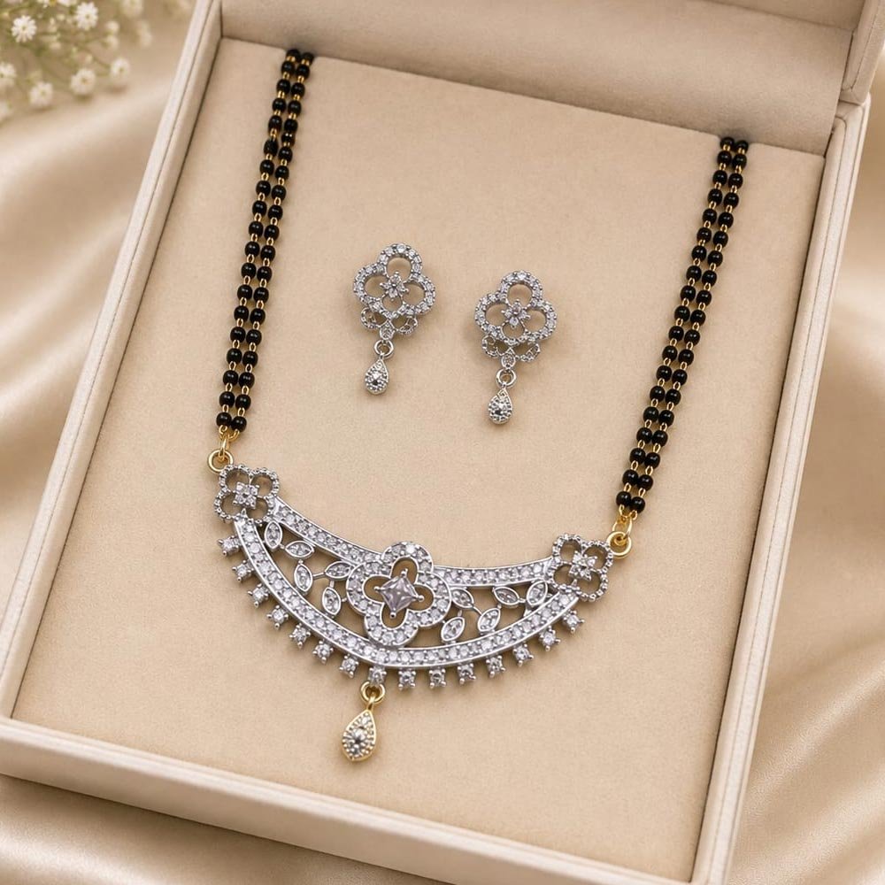 Silver Tone Floral AD Stone Mangalsutra Set With Earrings  (Art No.329)