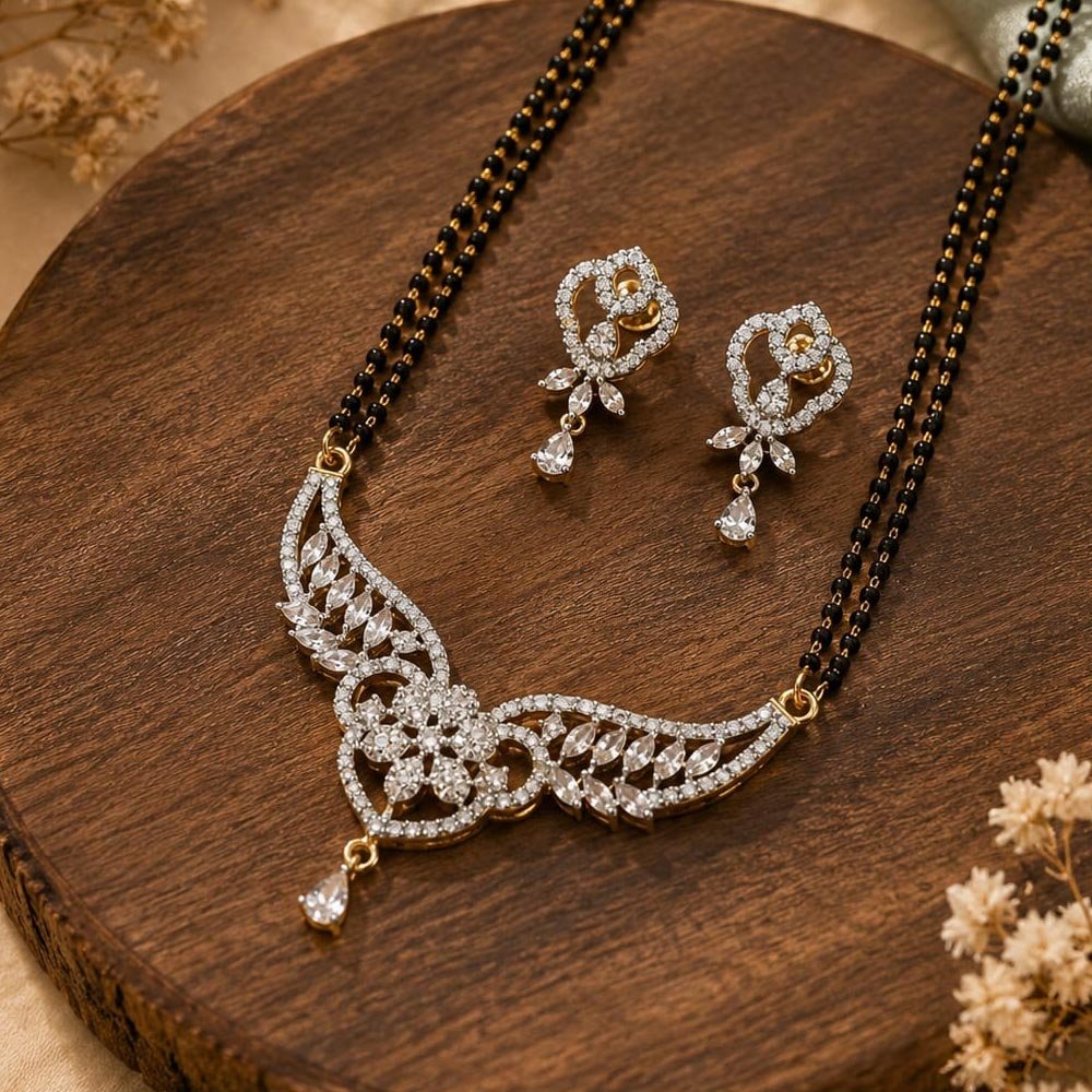 Silver Plated Floral AD Stone Mangalsutra Set with Earrings (Art No.368) - Image 3