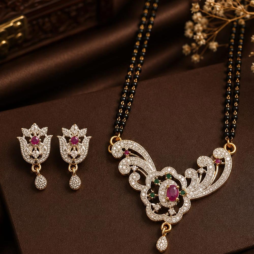 Silver Plated Purple Stone Floral Mangalsutra With Earrings (Art No.384) - Image 4