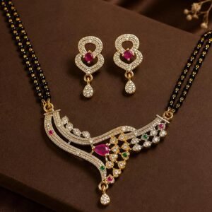 Gold Plated Pink Green AD Stone Mangalsutra Set With Earrings (Art No.386)
