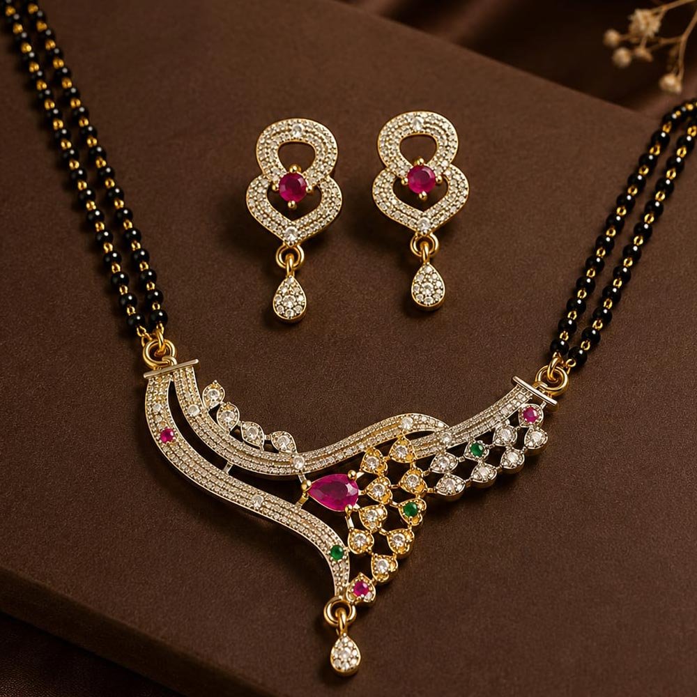 Gold Plated Pink Green AD Stone Mangalsutra Set With Earrings (Art No.386)