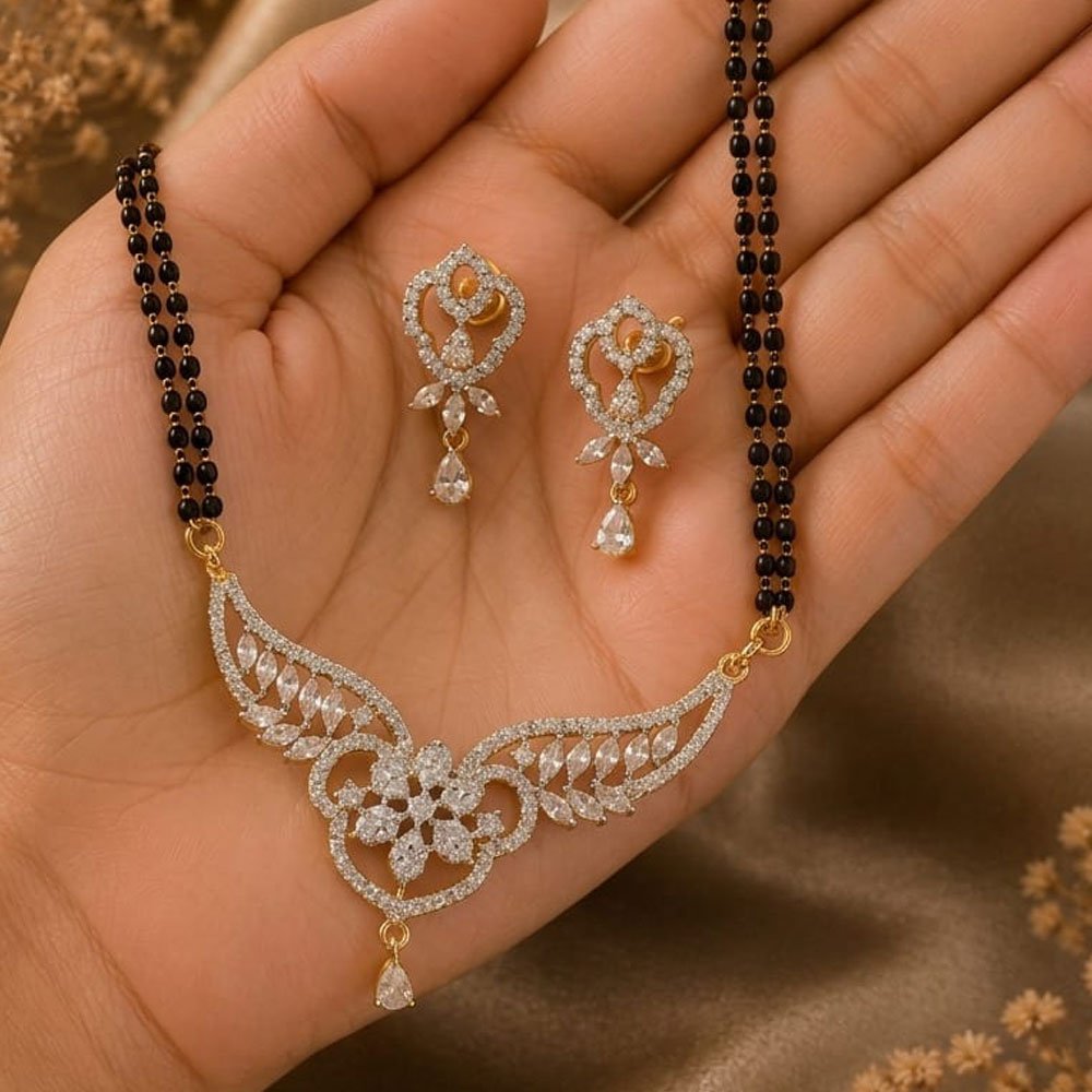 Silver Plated Floral AD Stone Mangalsutra Set with Earrings (Art No.368) - Image 4