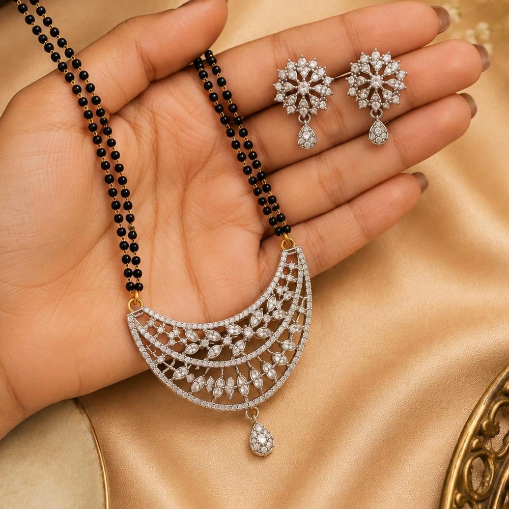 Silver Plated AD Stone Floral Mangalsutra Set With Earrings (Art No.383) - Image 3
