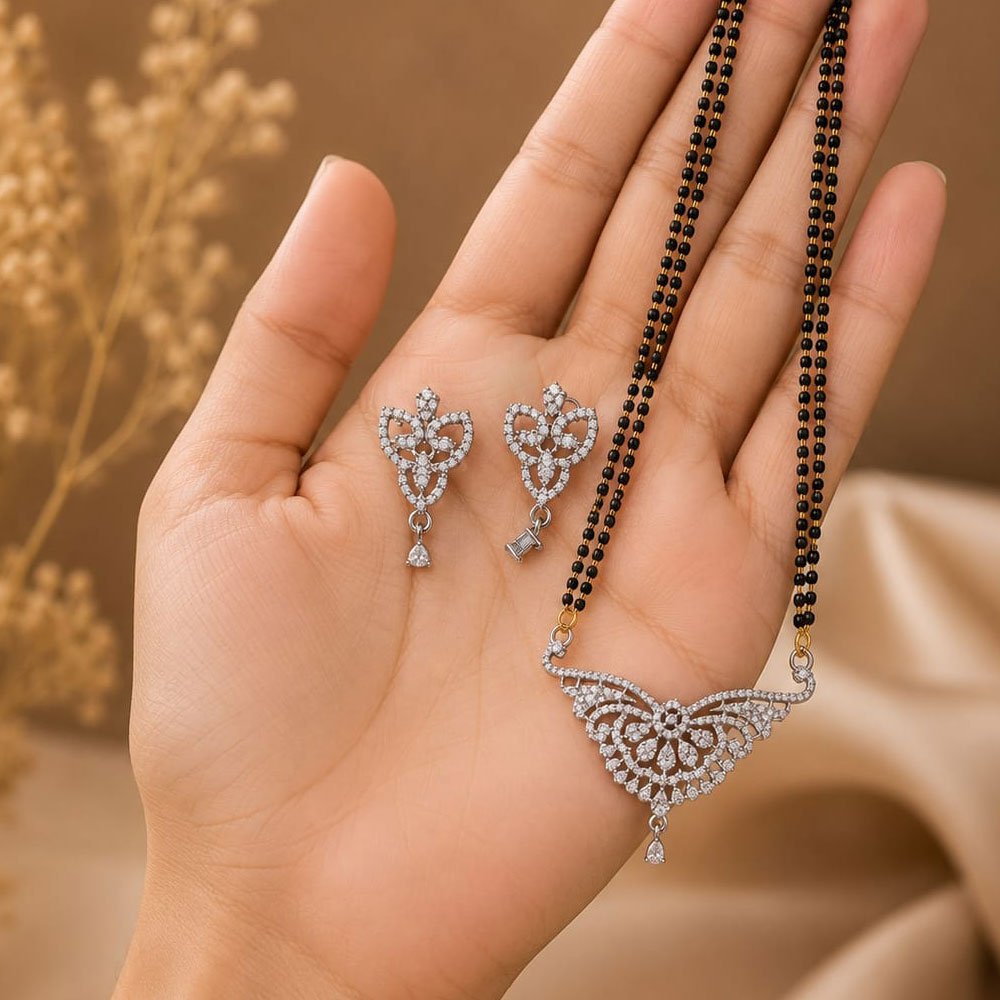 Silver Plated Double Line Black Beads AD Mangalsutra Set (Art No. 327) - Image 3
