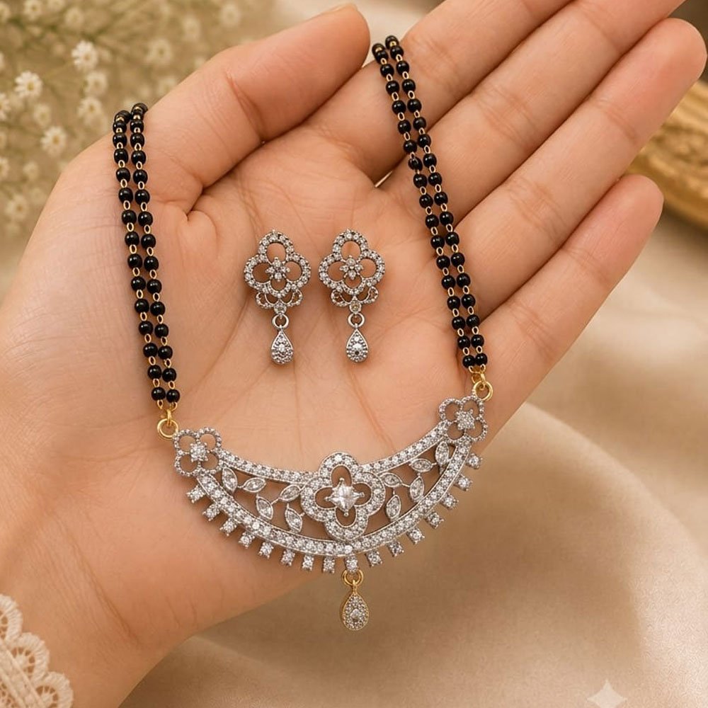 Silver Tone Floral AD Stone Mangalsutra Set With Earrings (Art No.329) - Image 3