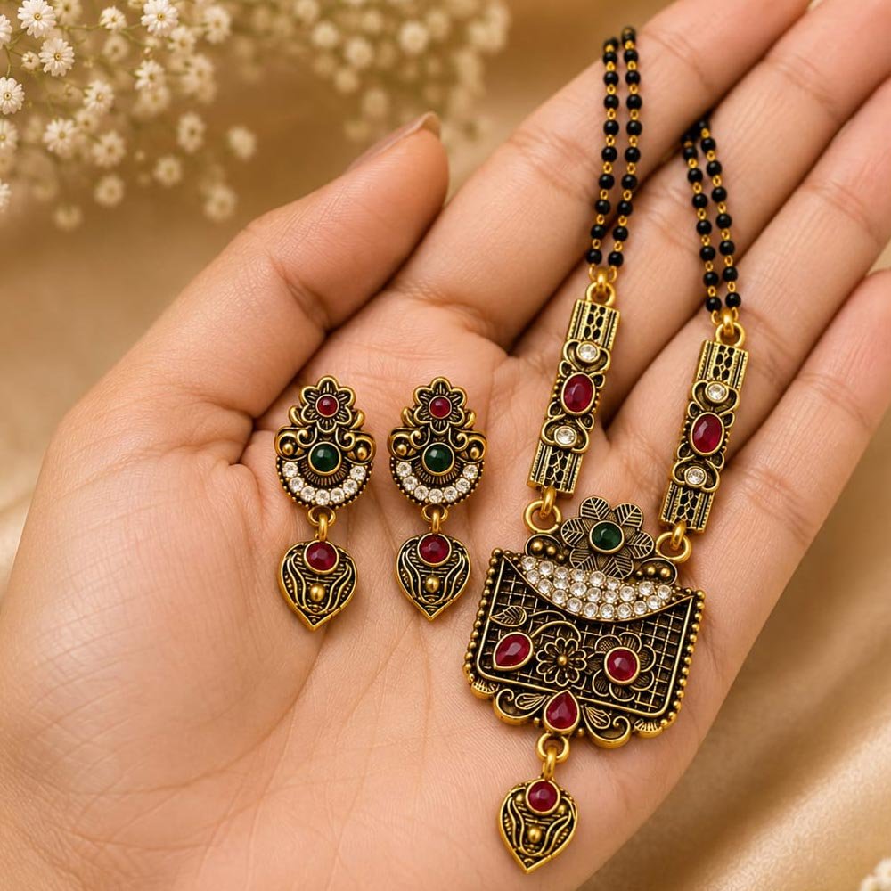 Gold Plated Traditional Black Beaded Mangalsutra Earrings Set (Art No. 335) - Image 3