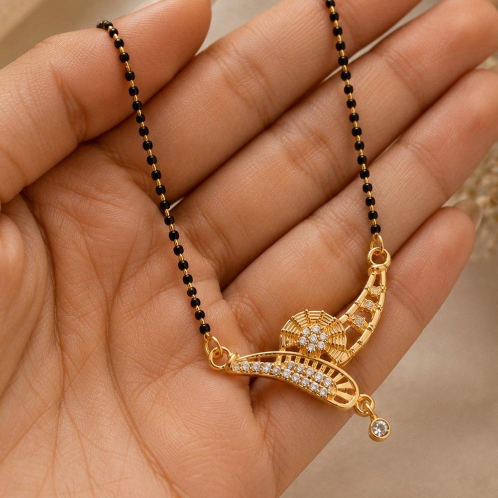 Gold Plated Floral White Stone Black Beads Mangalsutra (Art No.319) - Image 3