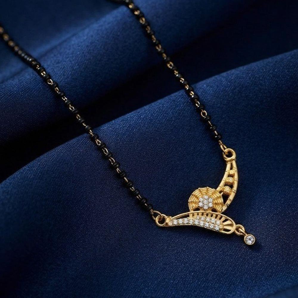 Gold Plated Floral White Stone Black Beads Mangalsutra (Art No.319)