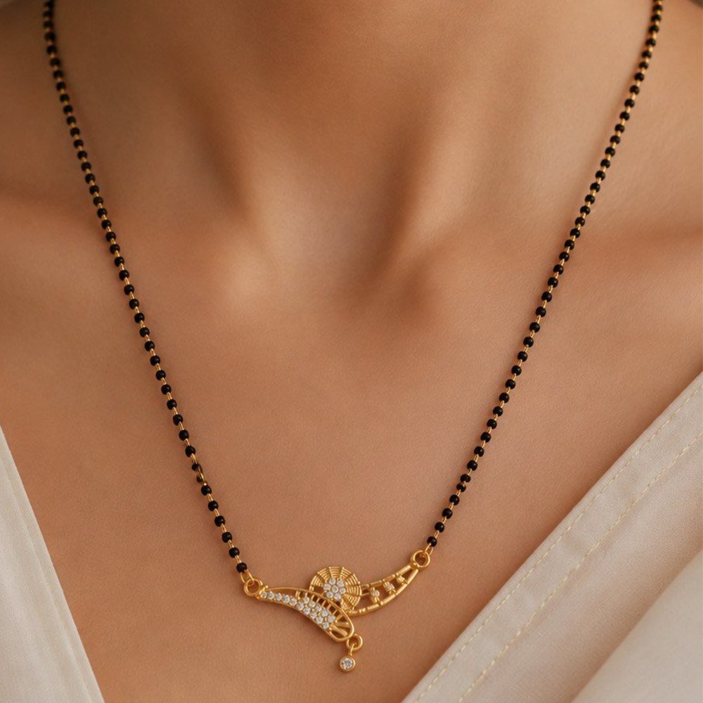 Gold Plated Floral White Stone Black Beads Mangalsutra (Art No.319) - Image 2