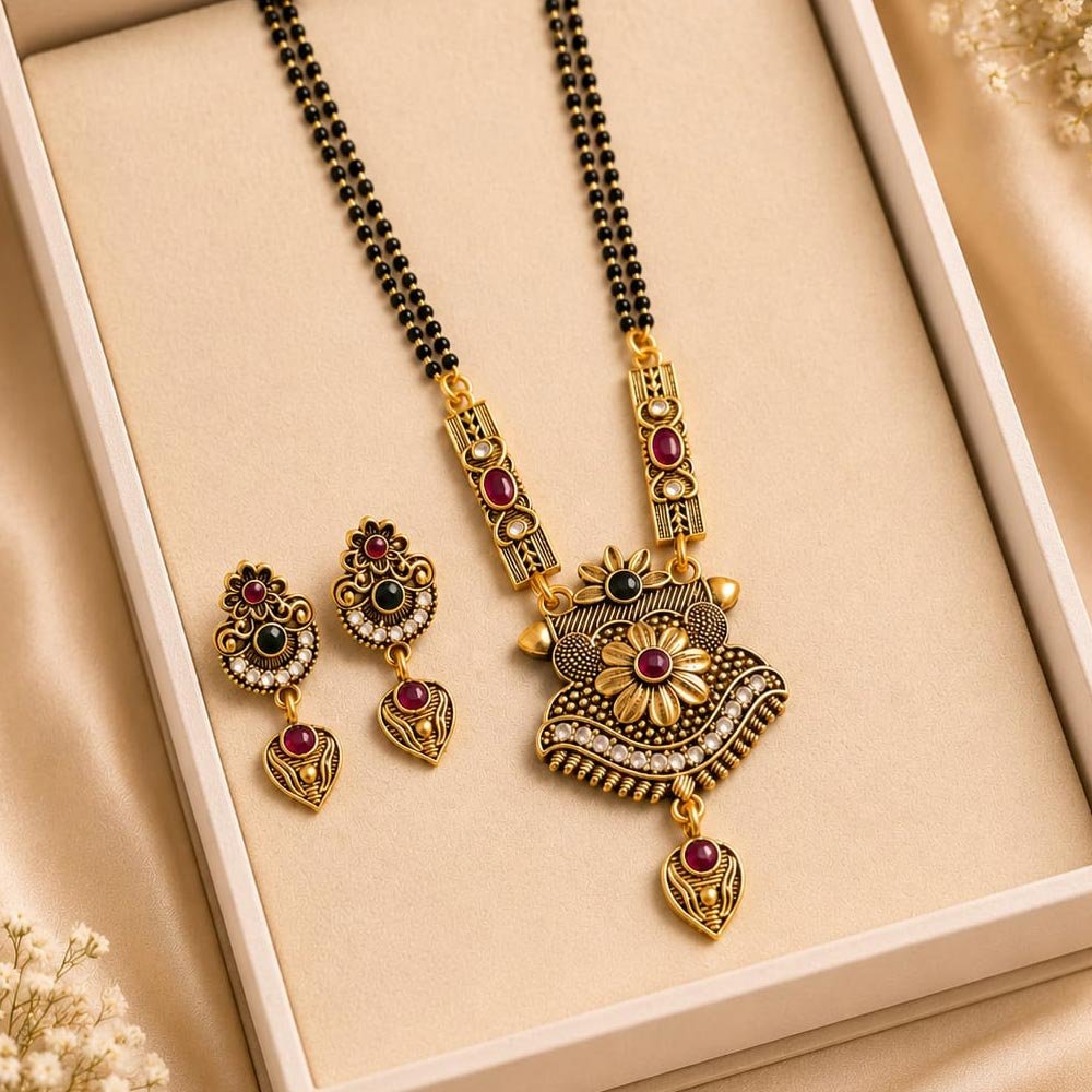 Gold Plated Antique Matka Mangalsutra Set with Earrings (Art No.364) - Image 3