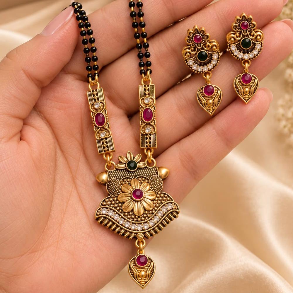 Gold Plated Antique Matka Mangalsutra Set with Earrings (Art No.364) - Image 4