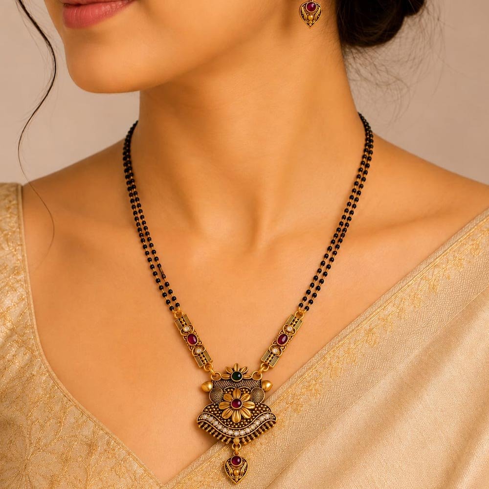 Gold Plated Antique Matka Mangalsutra Set with Earrings (Art No.364) - Image 2