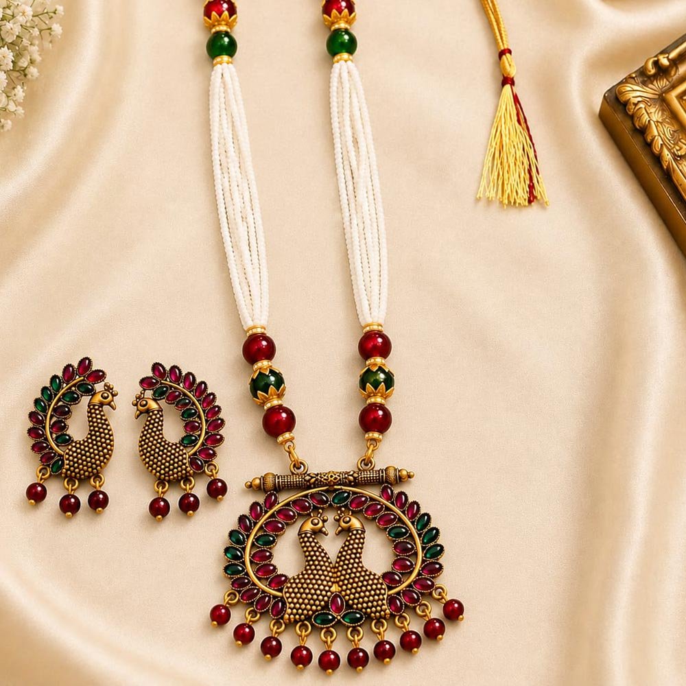 Antique Gold Plated Peacock Necklace Set with Earrings (Art No.372) - Image 2