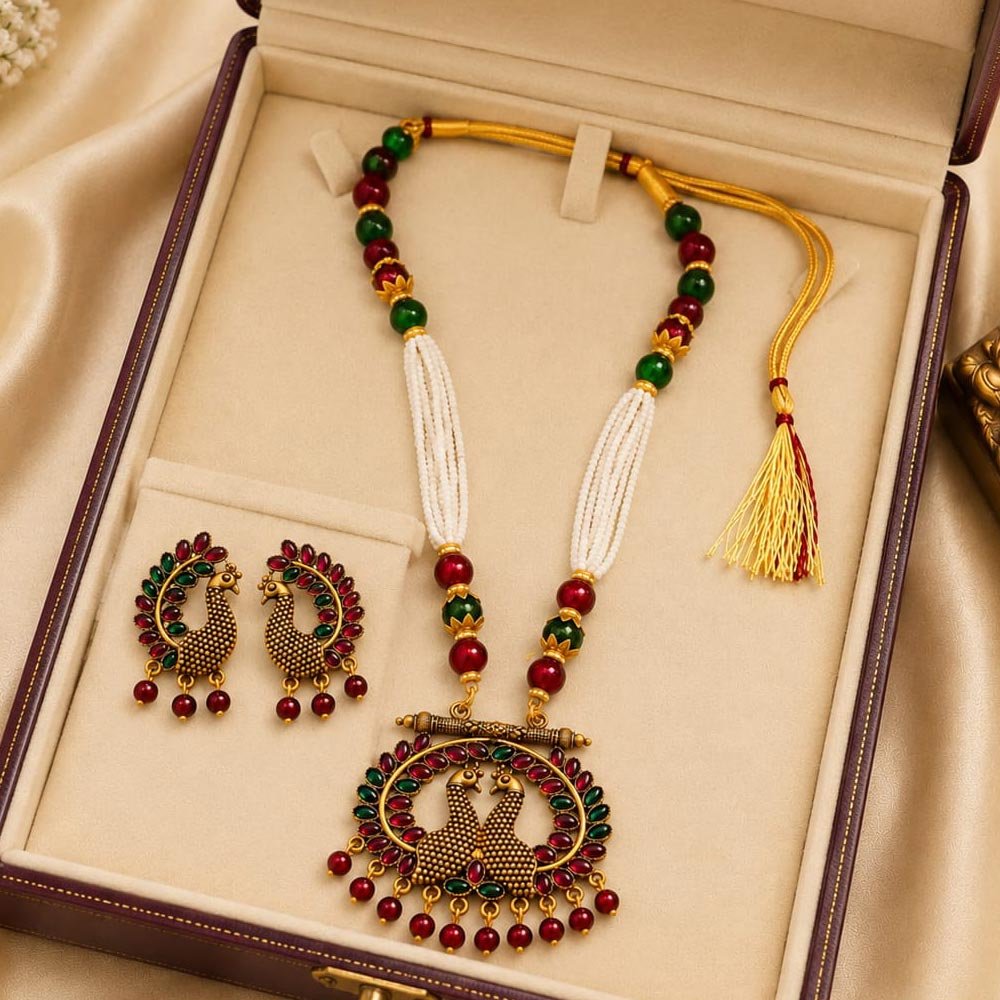 Antique Gold Plated Peacock Necklace Set with Earrings (Art No.372) - Image 3