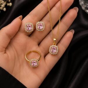 Gold Plated Light Purple Pendant, Earrings & Ring Set (Art No.358)