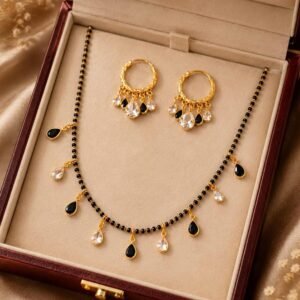 Gold Plated Black And White Stone Mangalsutra With Earrings (Art No.387)