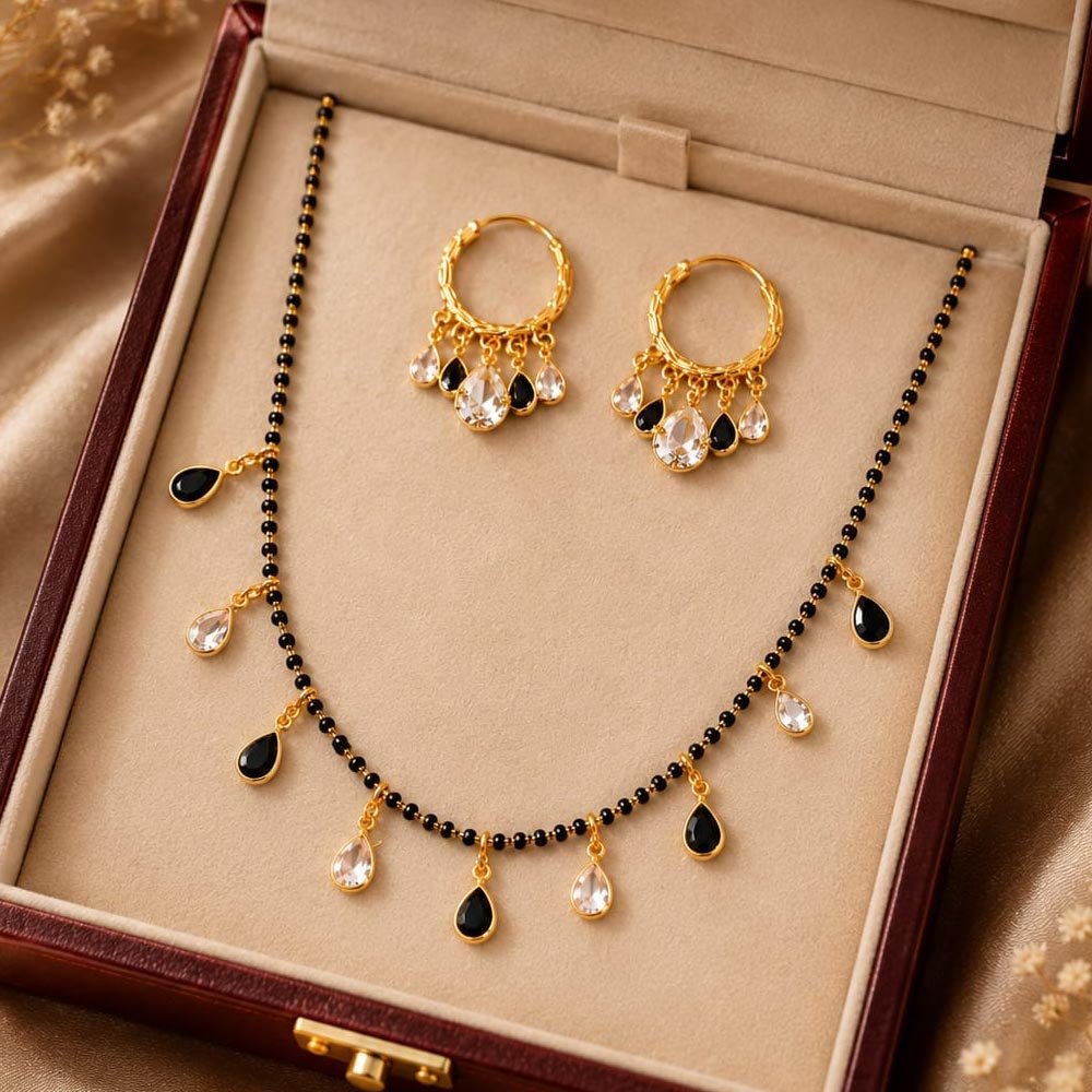 Gold Plated Black And White Stone Mangalsutra With Earrings (Art No.387)