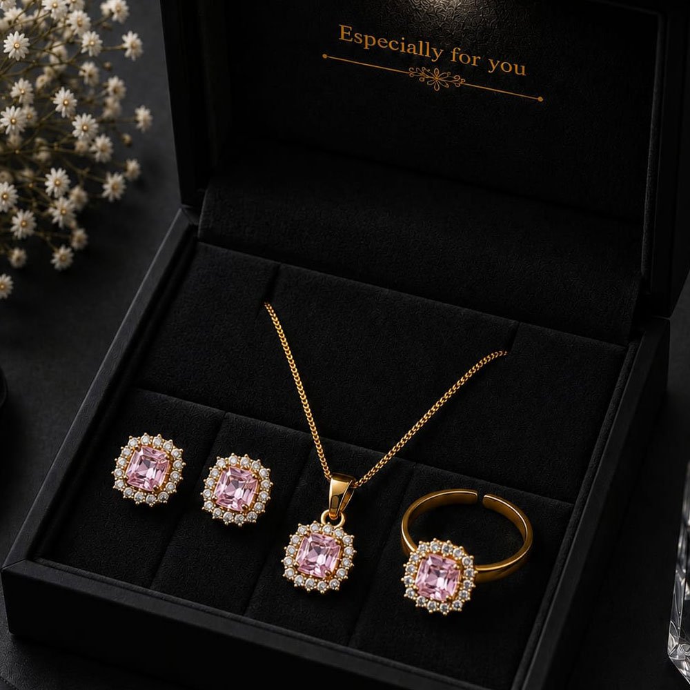 Gold Plated Light Purple Pendant, Earrings & Ring Set (Art No.358) - Image 2