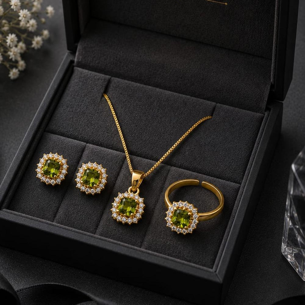 Gold Plated Green Stone Pendant Set with Earrings and Ring (Art No.360)