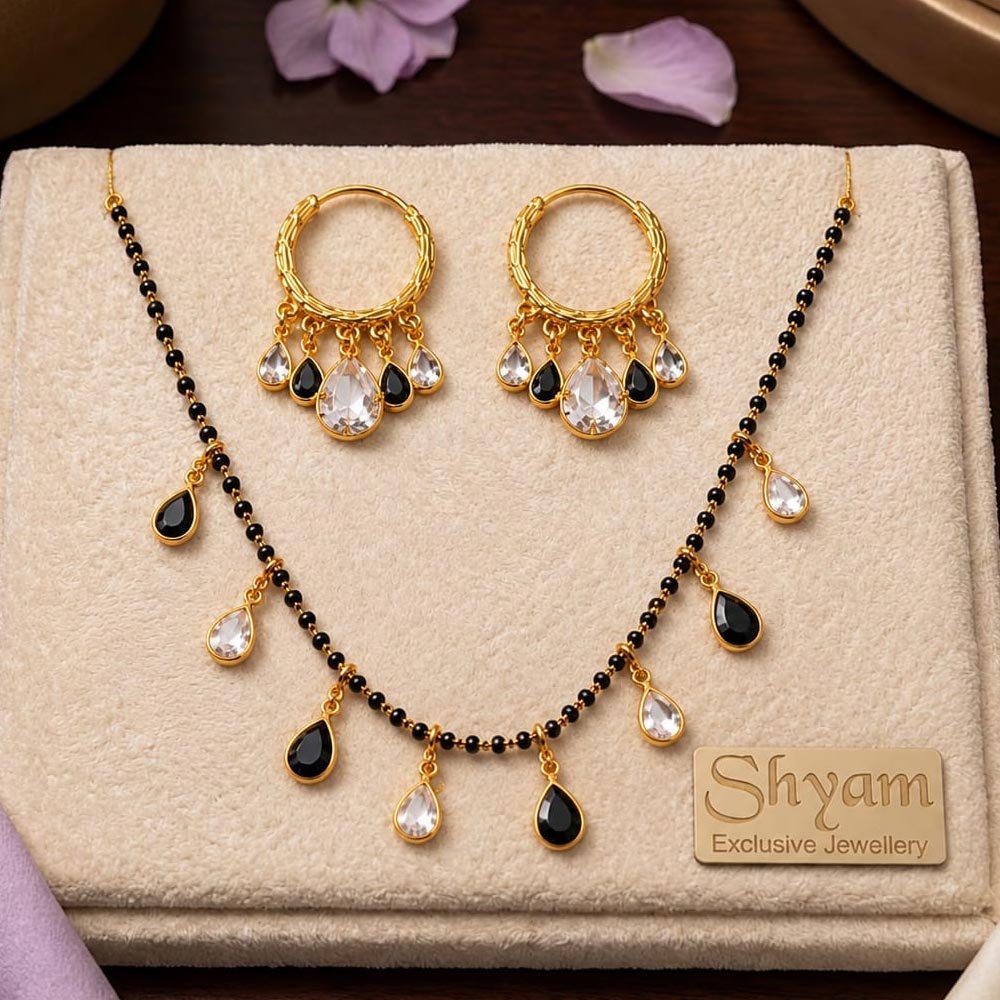 Gold Plated Black And White Stone Mangalsutra With Earrings (Art No.387) - Image 3