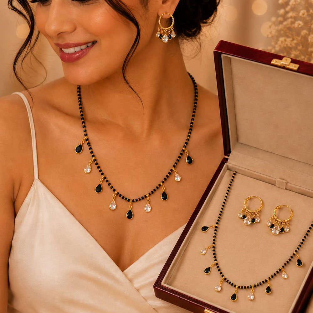 Gold Plated Black And White Stone Mangalsutra With Earrings (Art No.387) - Image 2