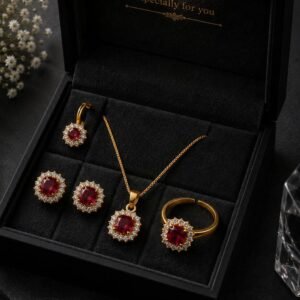 Gold Plated Red Stone Pendant Earrings and Ring Set (Art No.359)