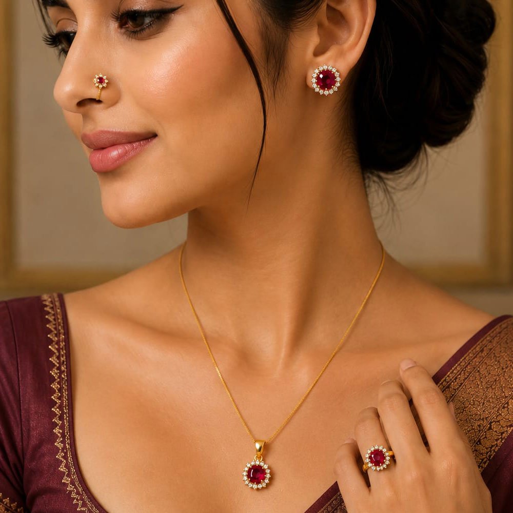 Gold Plated Red Stone Pendant Earrings and Ring Set (Art No.359) - Image 2