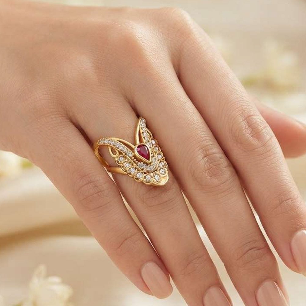 Traditional Gold Plated Maroon Stone Floral Ring (Art No.265)