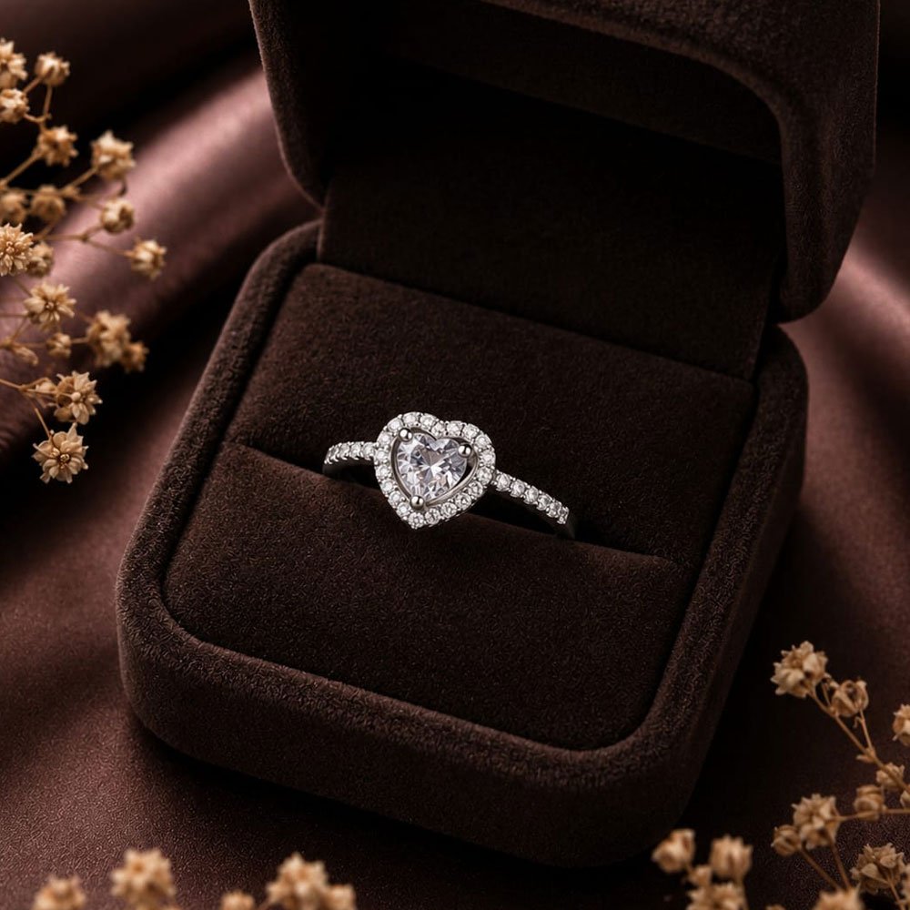 Silver Plated- Heart Solitaire CZ Adjustable Ring (Art No.342) - Image 2