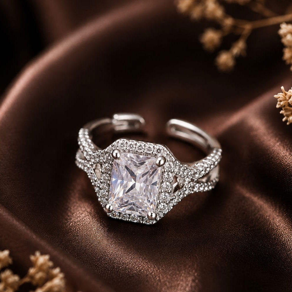 Silver Plated Emerald Cut CZ Halo Ring (Art No. 343)