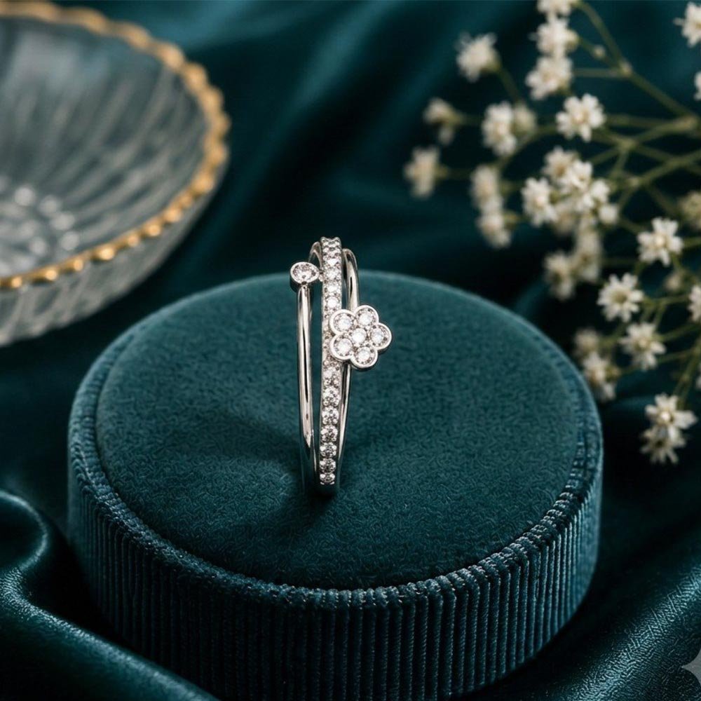 Silver Plated Floral CZ Stone Ring (Art No.294)