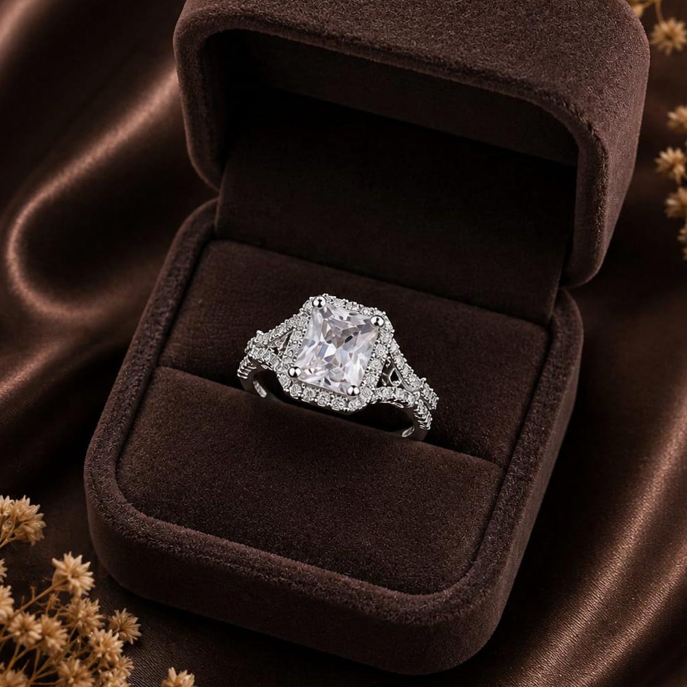 Silver Plated Emerald Cut CZ Halo Ring (Art No. 343) - Image 2