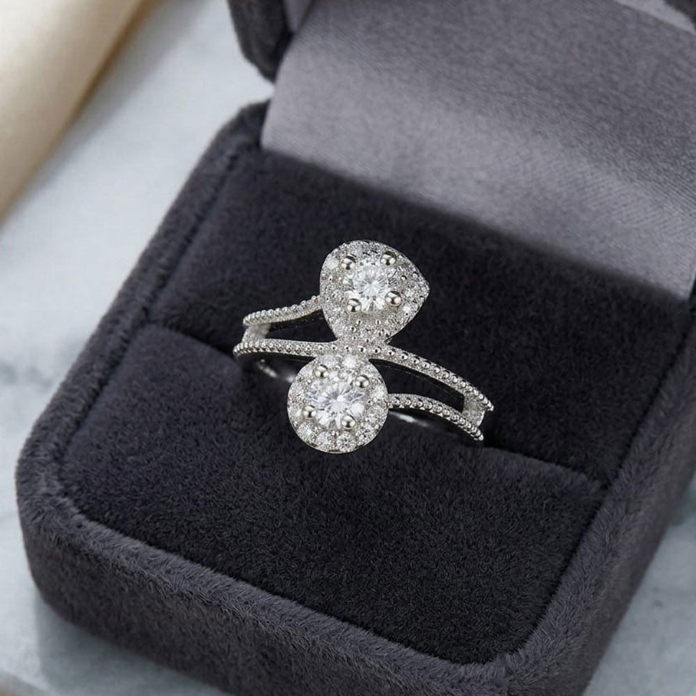 Silver Plated Double Round White Stone Adjustable Ring.(Art No.366)