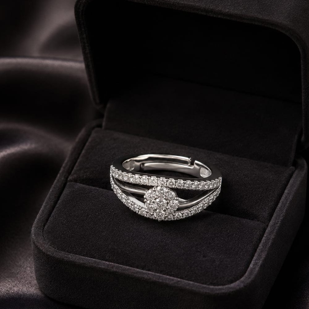 Silver-Plated Adjustable Double Band CZ Stone Ring (Art No. 339)