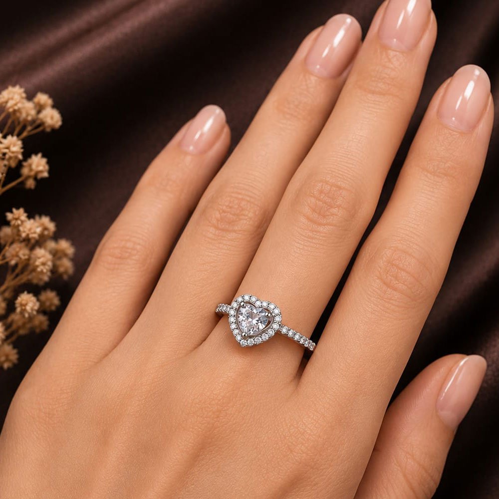 Silver Plated- Heart Solitaire CZ Adjustable Ring (Art No.342) - Image 3