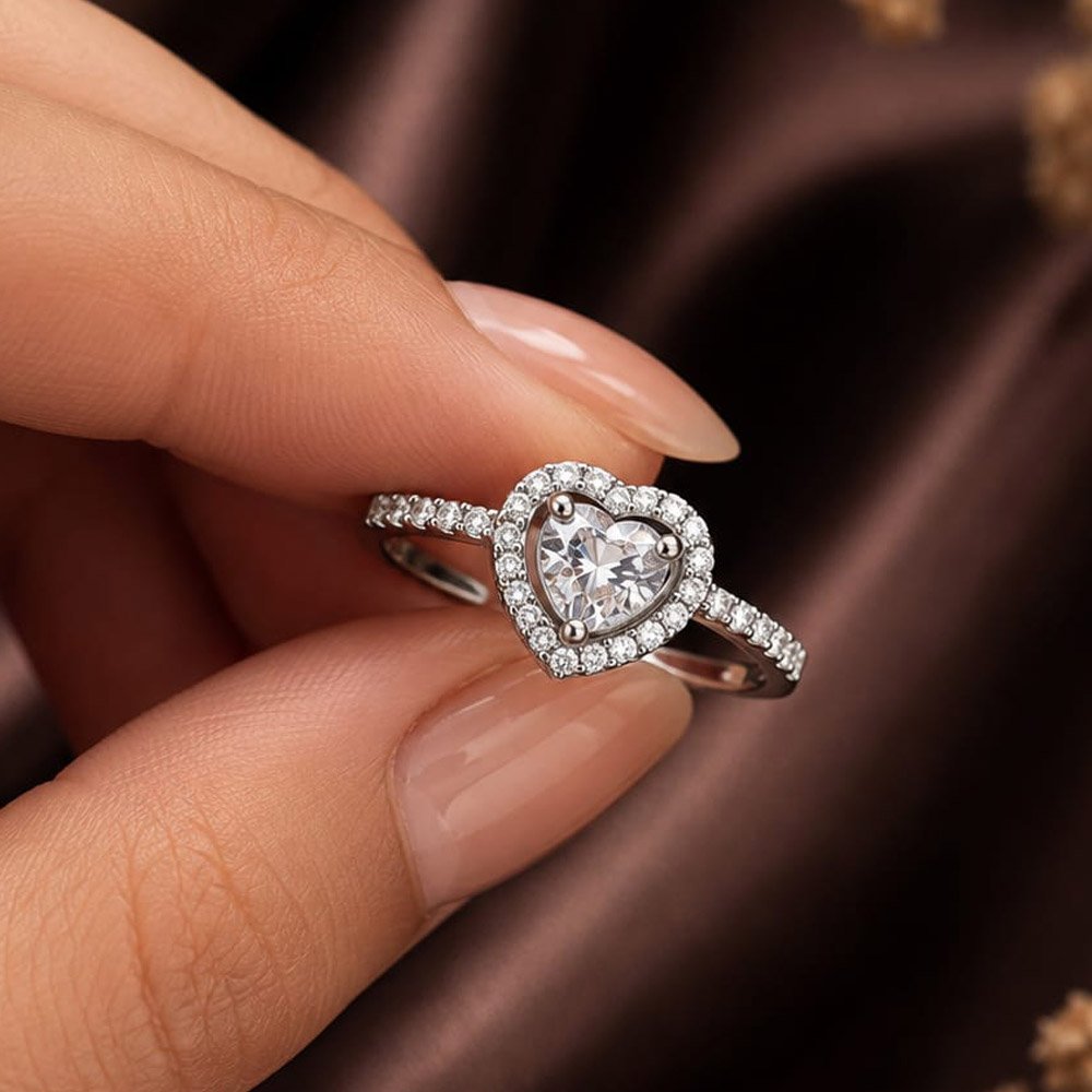 Silver Plated- Heart Solitaire CZ Adjustable Ring (Art No.342) - Image 4