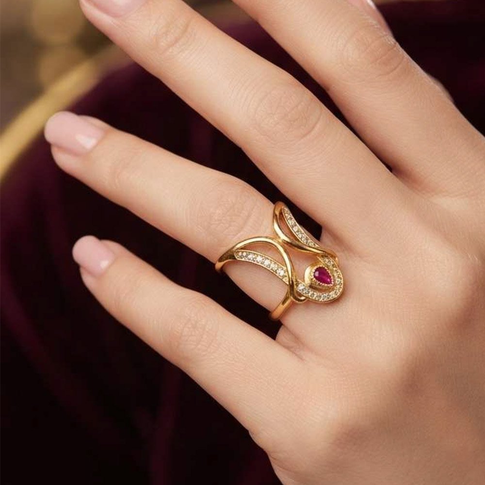 Traditional Gold Plated Maroon Stone Designer Ring (Art No.264)